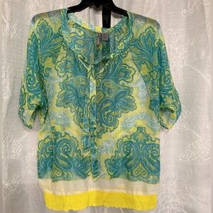 New Directions Teal and Yellow Paisley Blouse